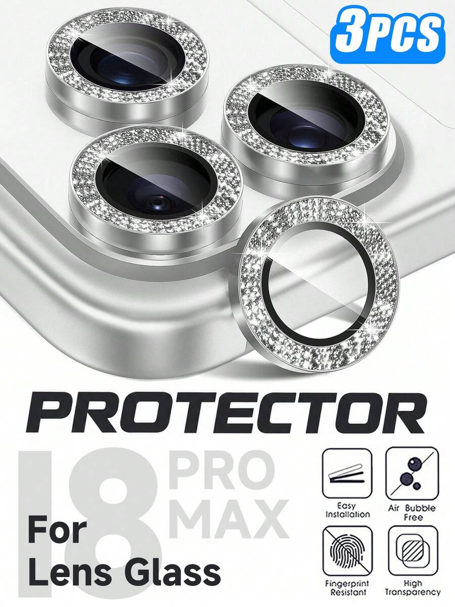 3件組 [2026新款] 9H 鋼化玻璃相機鏡頭保護貼，相容 iPhone 18 Pro/18 Pro Max，閃亮鋁環設計，高透清晰、防刮、防指紋、防碎裂、無氣泡、易安裝，相容手機殼，可愛銀色，女性生日禮物