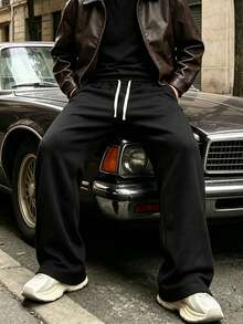 Men's Black Fleece Lined Wide Leg Sweatpants, Loose Drape With Drawstring, Elastic Waistband, Solid Color Street Casual Style Versatile, Autumn/Winter Essential Fashion Sports Long Pants - Black - View 11