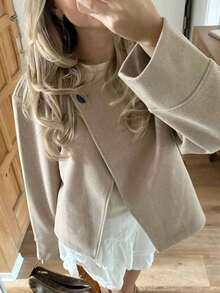 Autumn/Winter New Minimalist Oatmeal Color Short Overcoat, Loose Collarless Design, Commuter Outfit Versatile Top, Women's Jacket - Oatmeal - View 7