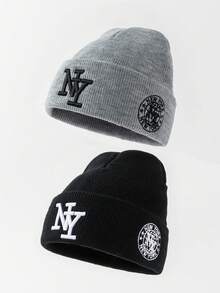 2件組中性時尚可變形NY Logo刺繡針織帽，適合秋冬日常保暖與旅行穿搭 - 2件裝-NY - 查看 16
