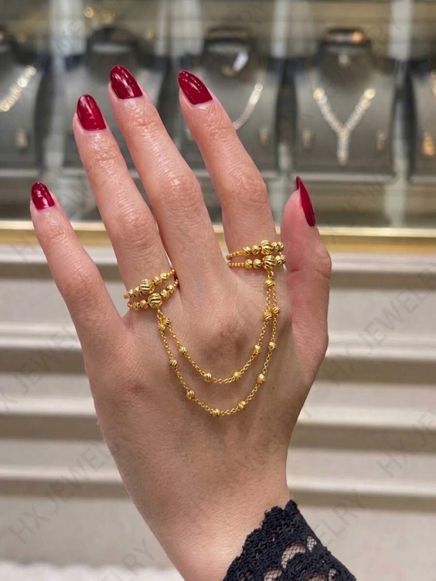 24K Gold-Plated Double Finger Chain Link Ring, Rust-Proof Gold Alternative 3-Layer Beaded Chain Delicate Layered Ring, High-End Jewelry - 01 - View 1