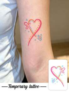 1pc Temporary Tattoo, Crayon Hand Drawn Rainbow Heart Butterfly & Star Pattern, Realistic Fake Tattoo Design, For Daily, Bachelorette Party Favors, Music Festival, Game, Graduation Gift, Lasts 3-5 Days - Multicolor - View 1