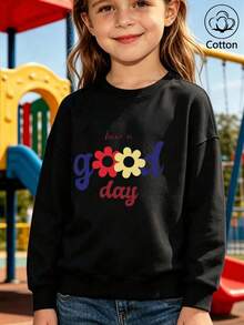 Girls' Cute Printed Drop-Shoulder Round-Neck Long-Sleeve Casual Sports Sweatshirt - Black - View 10