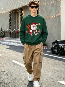 2pcs Round Neck Sweatshirt Set, Printed With Santa Claus, Christmas Tree And Other Patterns, Paired With Casual Cargo Pants, Comfortable Autumn/Winter Outfit - Dark Green - View 4