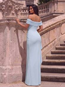 Elegant Cold Shoulder Ruched Mermaid Evening Gown, High Slit Ruffle Hem Train Fitted Dress, Suitable For Photography And Beach Vacation - Baby Blue - View 2