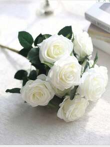 1pc 10 Stems Artificial Silk Rose Bouquet, Suitable For Home, Office, Party Decor And Wedding Decoration - White - View 2