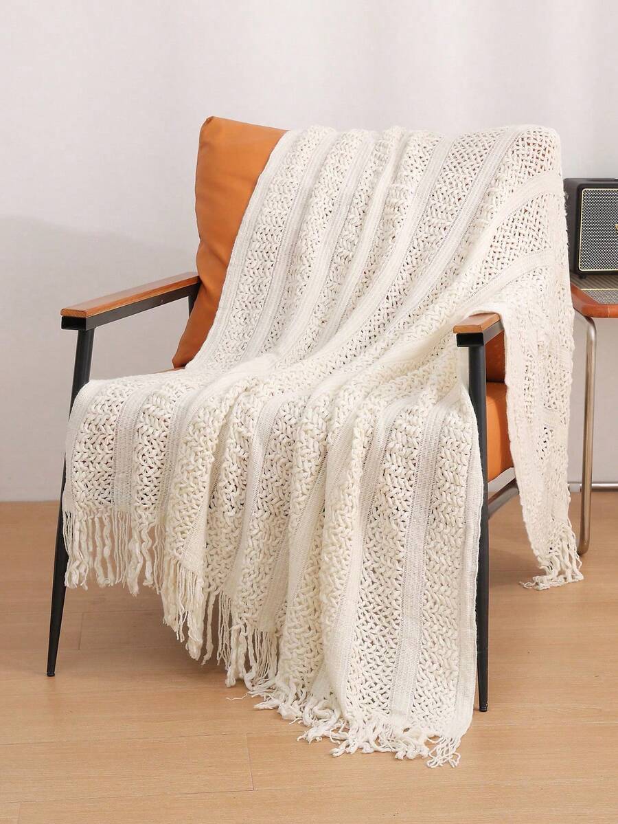1pc Solid Color Bedspread, American Style Tasseled Acrylic Rectangular Blanket, Knitted Throw Blanket For Office Nap, Sofa Cover - Beige - View 1