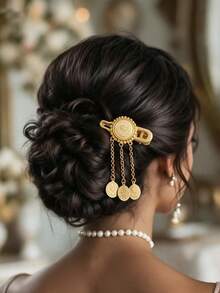 Herseygold 1pc Turkish Coin Totem Tassel Hair Clip, Kurdish Bride Headpiece, Middle Eastern Arabic Lucky Hair Accessory Side Clip - Gold - View 1