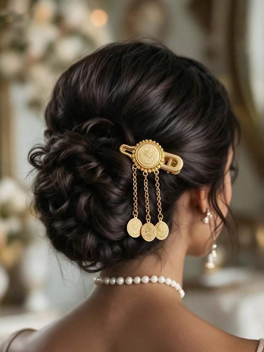 Herseygold 1pc Turkish Coin Totem Tassel Hair Clip, Kurdish Bride Headpiece, Middle Eastern Arabic Lucky Hair Accessory Side Clip - Gold - View 1