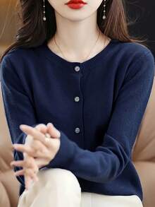 여성용 봄가을 신상 단색 라운드네크 카디건, 패션 심플 루즈 멀티웨어 아우터 - 네이비 색상 - 보기 4