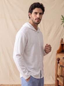 glestore Men's Retro-Style Long-Sleeve Waffle-Weave Hooded Shirt-Stylish, Versatile For Commuting And Casual Wear. Perfect For Spring, Fall, And Winter. - White - View 4