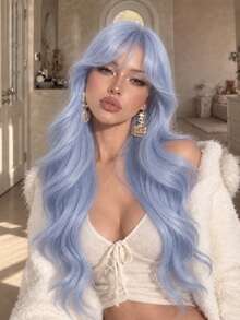 alicegarden 28-Inch Long Synthetic Wig Featuring A Natural Wavy Style In A A Stunning Blue. Middle Part Design , This False Hairpiece Is Perfect For Ms Daily Party Cosplay Use, Offering A Natural And Natural Durable Wig Gift For Ladies. - Blue - View 3