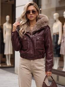Women's Short Artificial Leather Jacket With Artificial Fur Hood, Zip Closure, Side Pockets - Burgundy - View 4