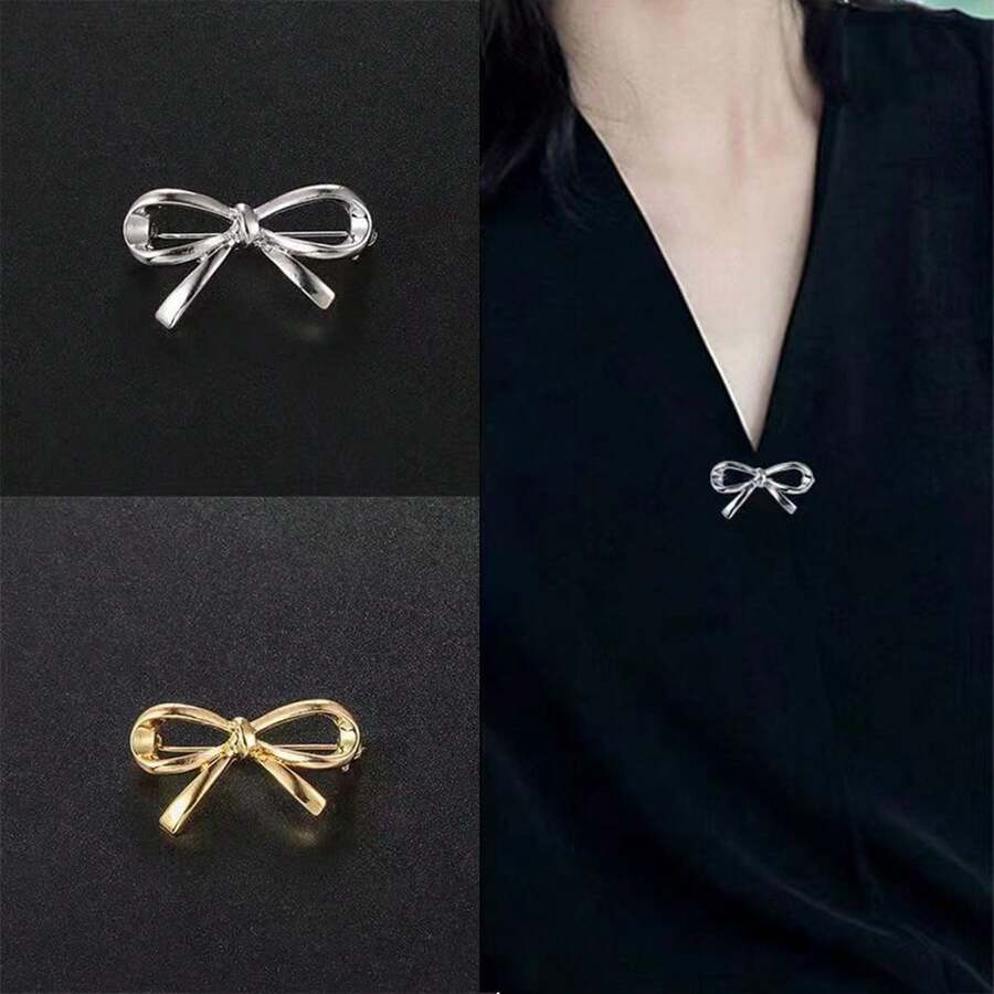 1/3pcs Multi-Color Metal Bow Brooch, Unique Design Niche Accessory, Anti-Exposure Buckle, V-Neck Pin, Versatile Party Holiday Christmas New Year Decoration Brooch - Gold - View 1