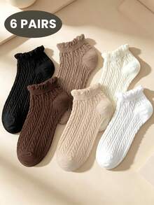 6 Pairs Women's Ruffle Ankle Socks, Cute Twisted Design, Solid Color Low-Cut Socks, Spring/Summer Thin Short Socks - Multicolor - View 9