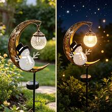 Garden Pathway Decorative Solar Light, Bronze Metal Moon & Snowman Design With Cracked Glass LED Bulbs, Outdoor Lawn Walkway Winter Season Decoration - Moon Snowman Black Hat Ground Stake - View 4