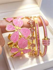 4件/1件裝琺瑯花卉手鐲套組，金色不鏽鋼透明水晶可疊戴手鍊，奢華女款珠寶禮物 - 粉色 - 查看 10