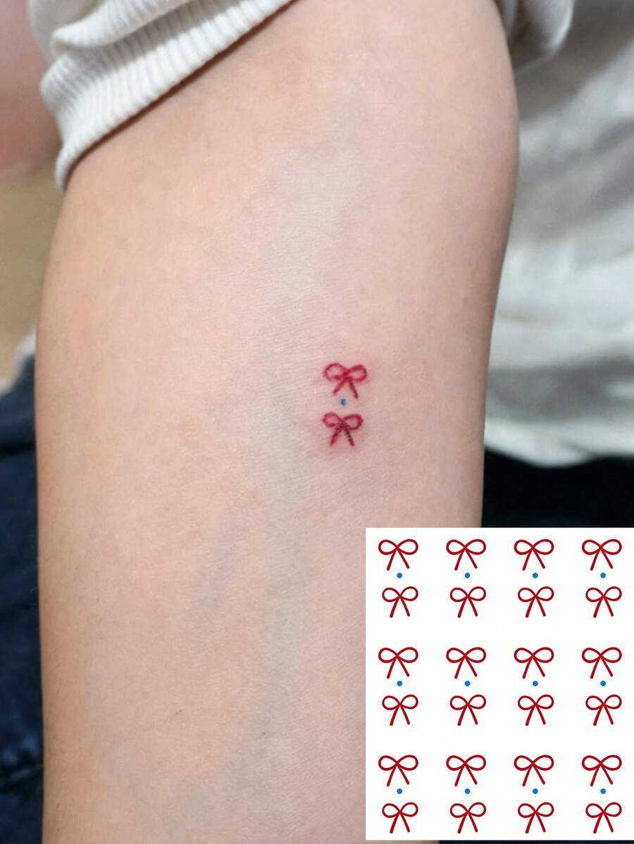 Tiny Red Bow Temporary Tattoo, Minimal Small Bowknot Fake Tattoo Stickers, Cute Simple Mini Bow Design Body Art For Women, Delicate Tiny Tattoo For Wrist, Finger, Collarbone And Ankle Decor - Multicolor - View 1