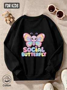 Girls' Cute Printed Drop-Shoulder Round-Neck Long-Sleeve Casual Sports Sweatshirt - Black - View 3