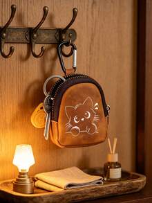 Cute White Cat & Butterfly Flower Print Mini PU Leather Coin Purse, Zipper Earbud Storage Pouch With Carabiner Clip, Portable Key Bags,Wallet Bag,Gift - Multicolor - View 3