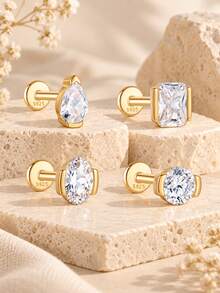 EleRunis 1pc 925 Sterling Silver Classic Asymmetrical Marquise Square Flat Back Cartilage Stud, Suitable For Helix, Conch, Cartilage, Ear Rim, Threaded Piercing Delicate Jewelry, Perfect For Daily Wear And Party - Gold - View 6