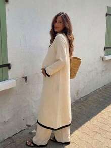 Bump Style Maternity 2-Piece Outfit Beige: Non-Stretch Long Sleeve Top & Wide Leg Pants With Contrast Trim - Apricot - View 3