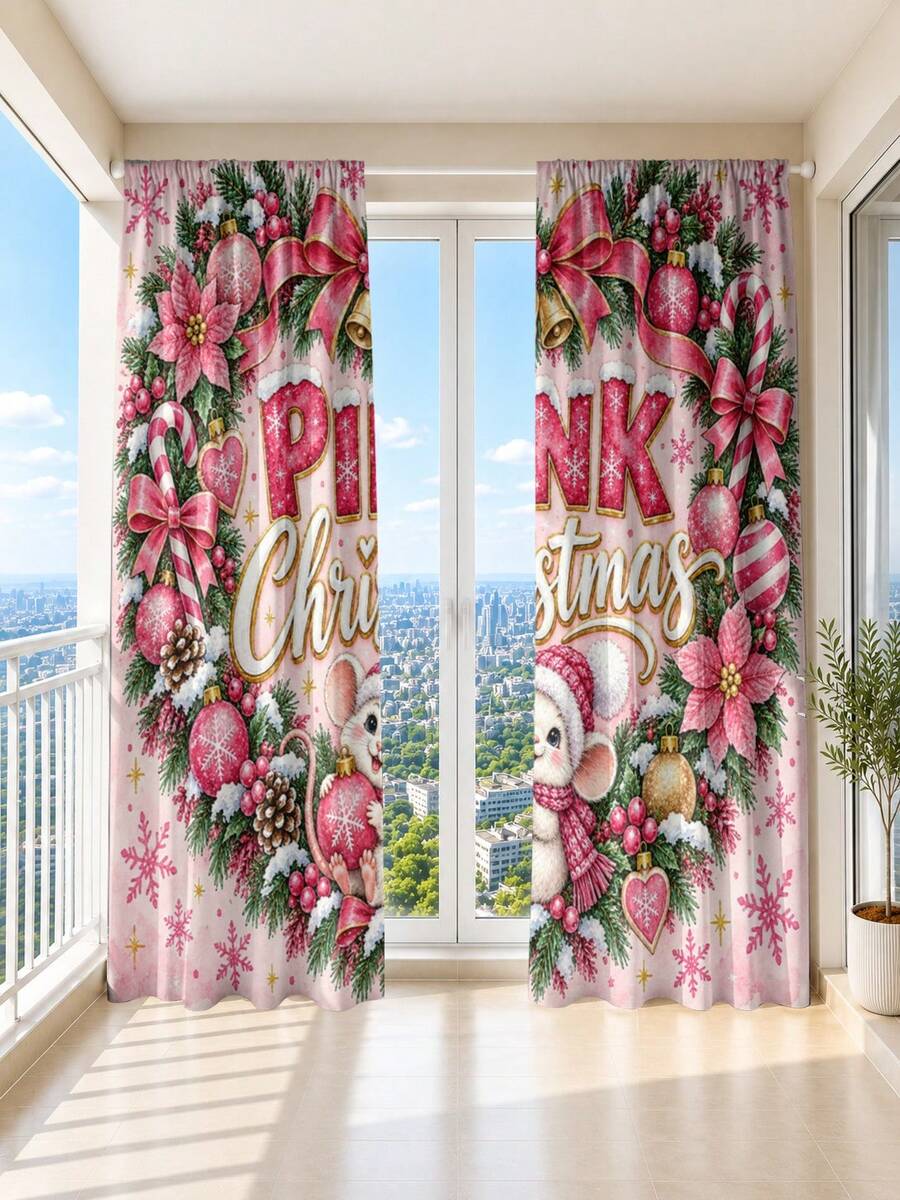 2 buah Tirai Dekoratif Multifungsi Anti Jamur Motif Karangan Bunga Natal Cetak Digital, Cocok untuk Kamar Tidur, Ruang Tamu, Ruang Makan, Dapur, Kantor, Gaya Gantung, Tanpa Tali Serut - A - View 1