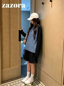 Áo kiểu Hàn Quốc tối giản phối màu khối, cổ Henley tay raglan, sọc, dáng regular, tay dài đa năng, lớp nền, quần áo mùa thu - Sọc xanh - Xem 5