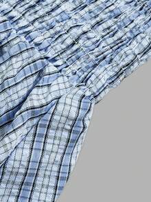 Women's Elegant Plaid Shirt Short Dress, Collared Long Sleeve Ruched Cinched Waist A-Line Skirt, Suitable For Daily Outings And Commuting - Baby Blue - View 6