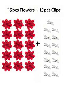 Glitter Poinsettia Christmas Tree Decoration Set - Suitable For Christmas Wreaths, Party Decor, Home Styling, Holiday Celebrations, And Gift Box Embellishments. - Dark Red - View 11