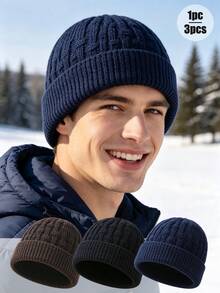 1pc/2pcs/3pcs Men's Solid Color Warm Knit Beanie, Multiple Colors Available, Suitable For Winter Daily Outdoor Wear - Multicolor - View 1
