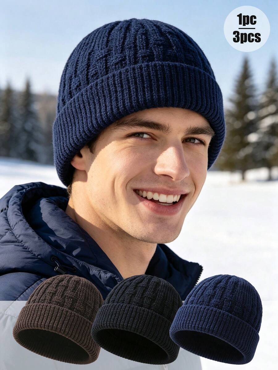 1pc/2pcs/3pcs Men's Solid Color Warm Knit Beanie, Multiple Colors Available, Suitable For Winter Daily Outdoor Wear - Multicolor - View 1