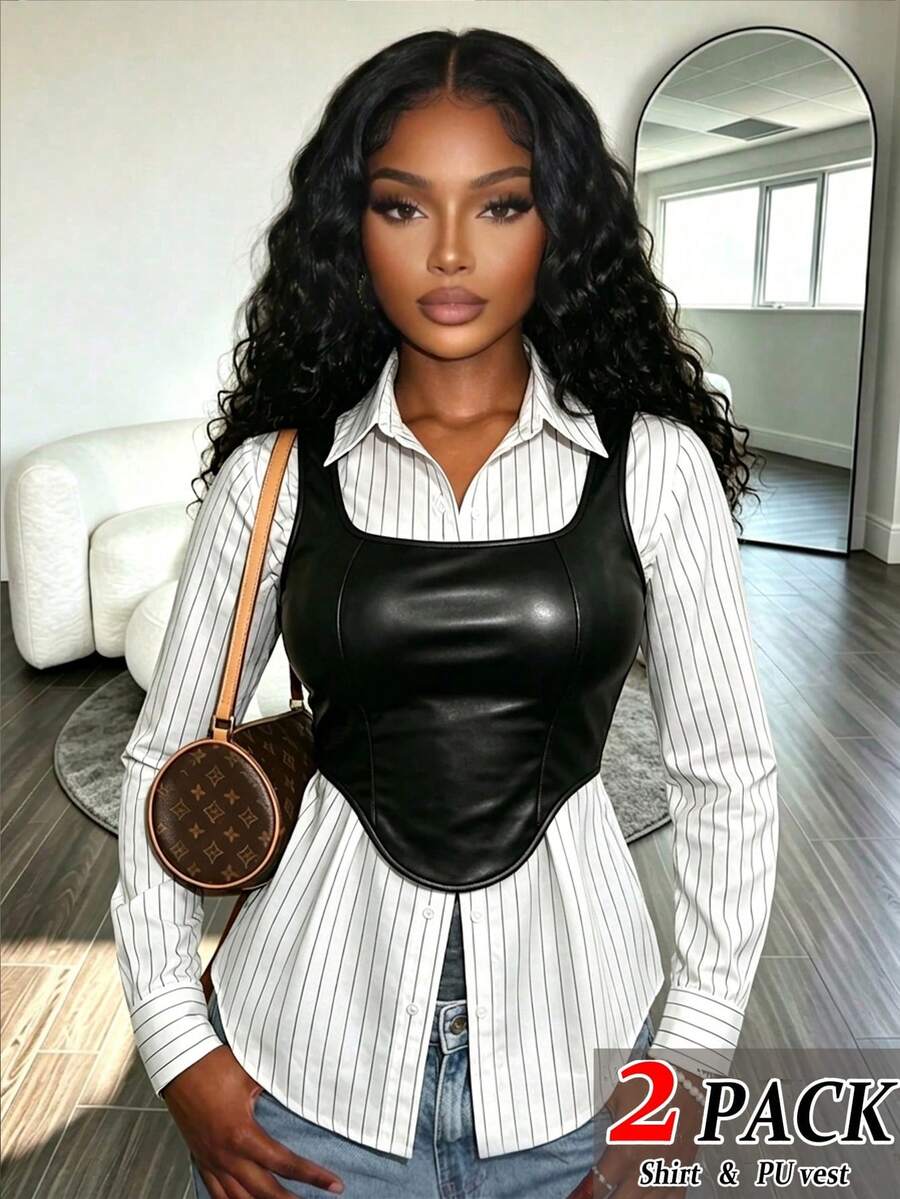 RNU Women's Casual Striped Shirt & PU Vest Contrast Color Design Versatile 2 Pieces Set, Autumn/Winter New Fashion Outfit - Black and White - View 1