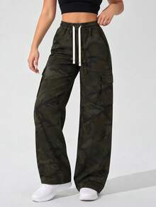 AODSR Women's Camo Cargo Pants Elastic Drawstring Waist Side Flap Pocket Relaxed Straight Leg Casual Streetwear Trousers - Army Green - View 4