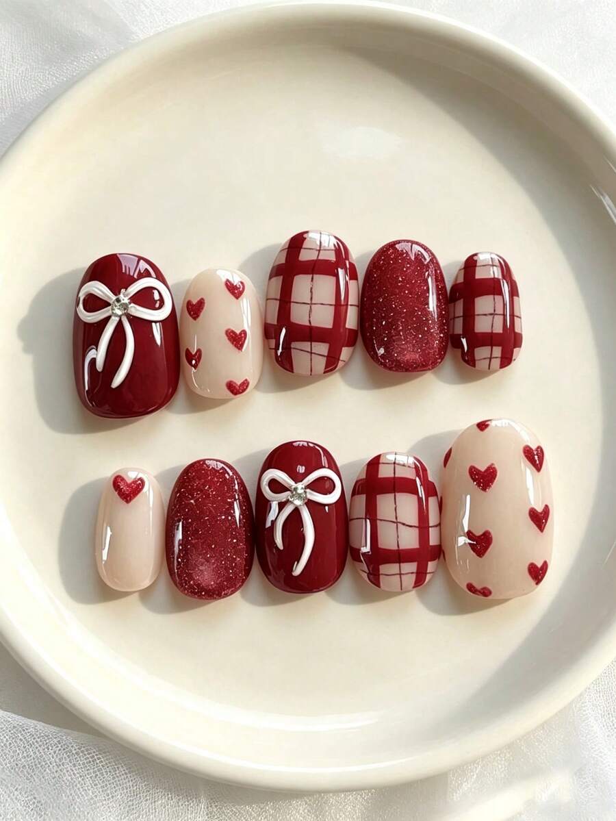 10Pcs Christmas Short Oval Press On Nails,Reusable Handmade False Nails,Nude & Deep Red Base,3D White Bowknot With Rhinestone,Red Plaid & Heart Pattern,Red Glitter,Ins Sweet Festive Nail Art For Xmas Party Daily Holiday Manicure - Multicolor - View 1