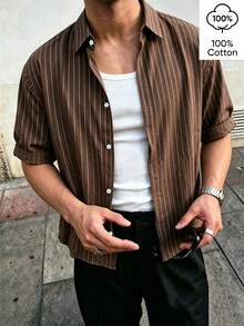 WAIT HIM 100% Cotton Men's Vintage Vertical Striped Short Sleeve Shirt, Lightweight Loose Button-Up Casual Shirt For Spring And Summer - Brown - View 2