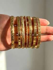 7pcs Multi-Layer Stackable Fashion Minimalist Elegant Exquisite Vintage Design Heart Star Smile Asymmetrical Embossed Texture Geometric Ribbon Twisted Metal Style Bracelets Set, Holiday Vacation Party Date Gift, Daily Commute Wear, Personalized - Yellow Gold - View 1