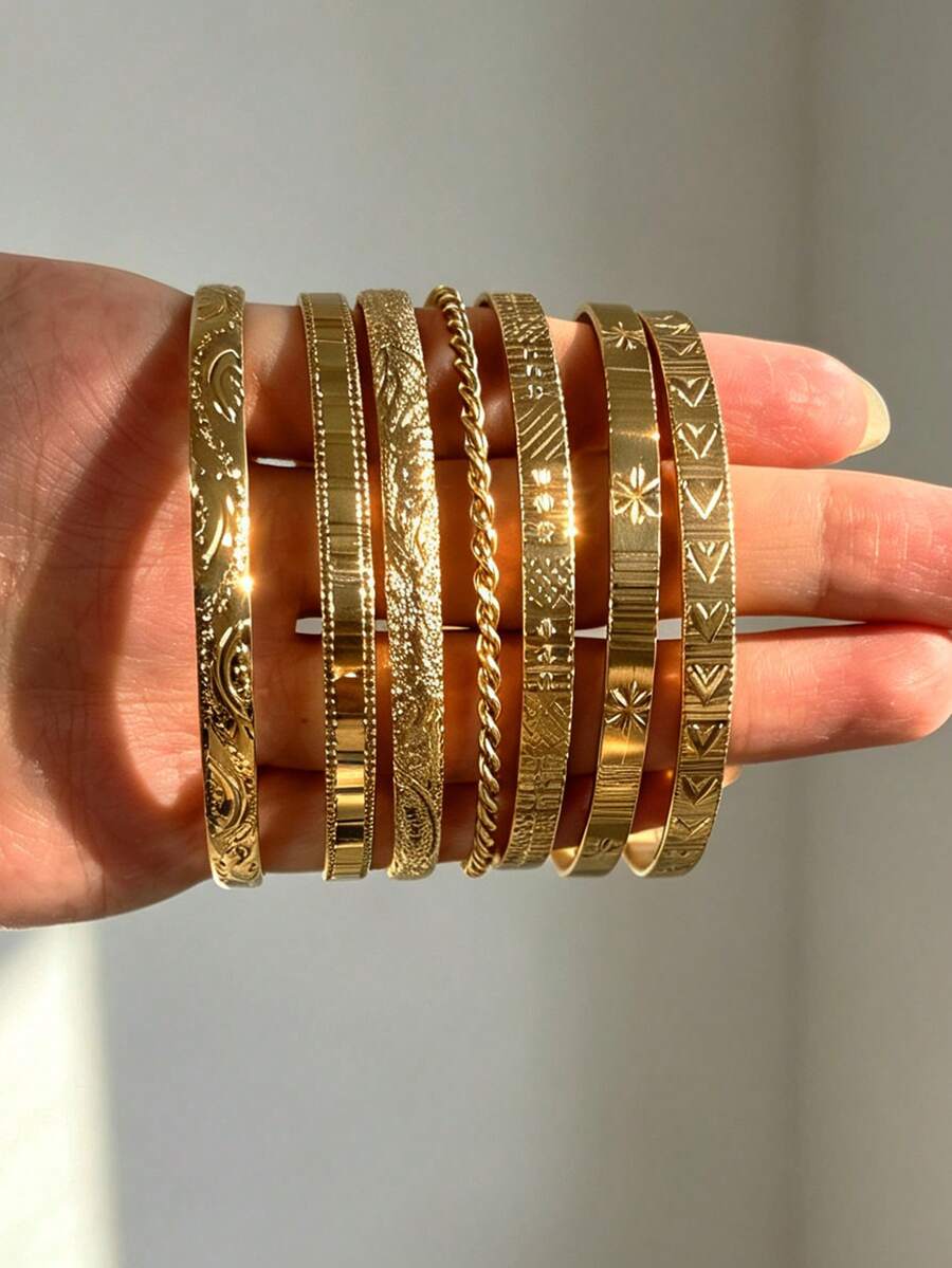 7pcs Multi-Layer Stackable Fashion Minimalist Elegant Exquisite Vintage Design Heart Star Smile Asymmetrical Embossed Texture Geometric Ribbon Twisted Metal Style Bracelets Set, Holiday Vacation Party Date Gift, Daily Commute Wear, Personalized - Yellow Gold - View 1