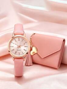 2pcs/Set Cute Girls Quartz Watch & Wallet Set, Birthday Gift, Daily Use, Pink Series Cartoon - Pink - View 3