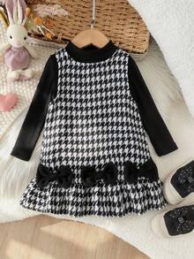2pcs Baby Girl Classic Elegant Solid Color Small Stand Collar Long Sleeve Base Layer & Houndstooth Bow Hem Tank Dress Set, Spring/Autumn - Black - View 3
