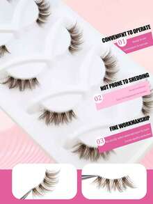 5 Pairs Brown Half-Eye Thick Voluminous Curly Natural Fluffy Faux Mink Eyelashes, Winged Tail, Lightweight Comfortable One-Piece False Eyelashes For Beginners - Brown - View 3