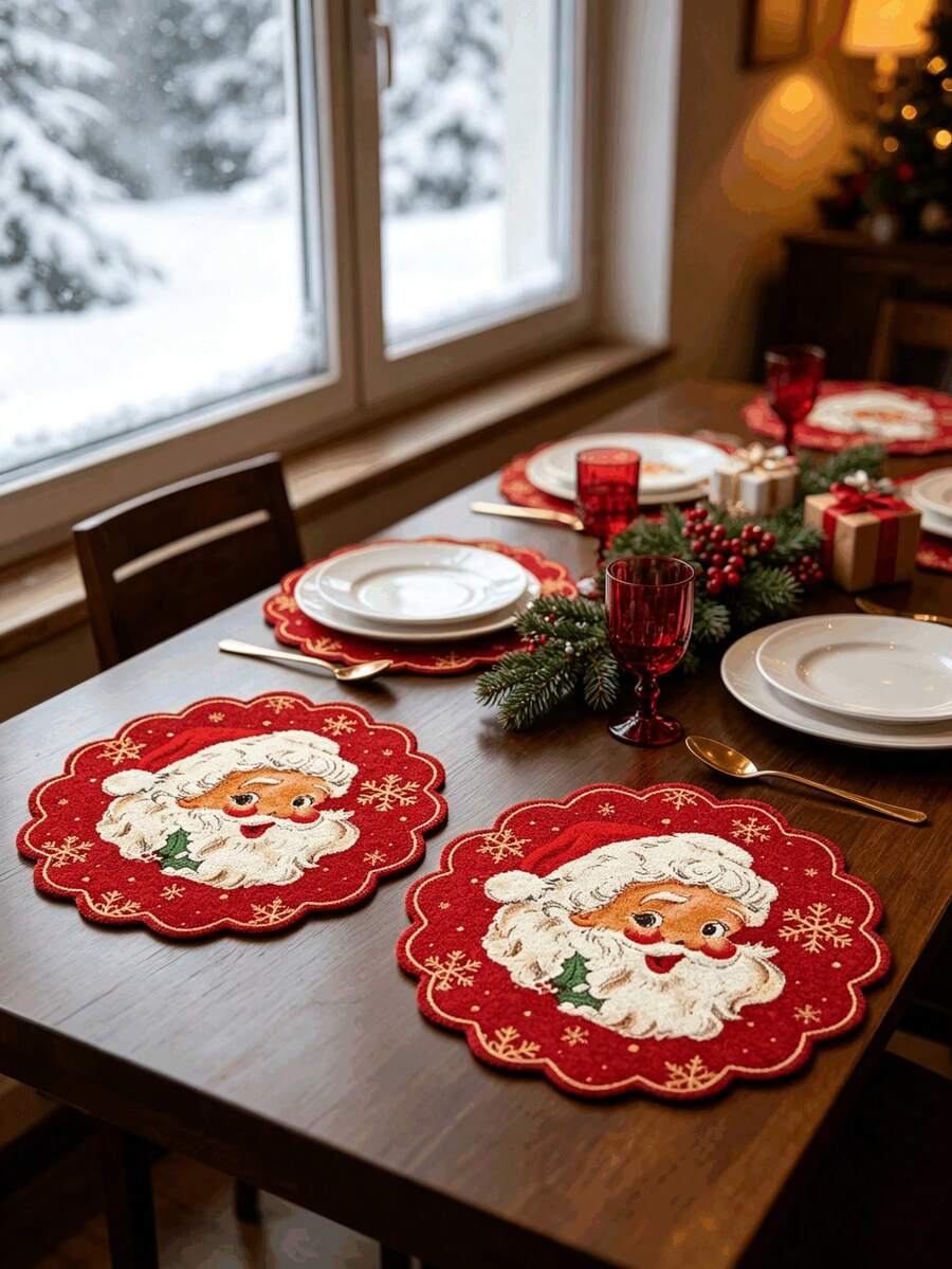 1/2/4pcs Linen Round Placemats, With Santa Claus And Christmas Snowflake Pattern, 38cm Diameter Large Size Round Family Gathering Dining Mats, Christmas Tree Snowflake Gift Pattern, Christmas Print, Suitable For Kitchen And Dining Room Decoration, Christmas Holiday Family Party Gathering Use, Utensils Not Included