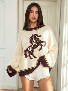 Autumn/Winter New Women's Fashion Loose Casual Vintage Contrast Color Horse Pattern Jacquard Halloween Date Sweater, Graphic Sweater, Animal Print Basic Tops, Going Out Tops, Fall Women Clothes, Y2K, Saudi National Day, Back To School, Country - Mika - View 7