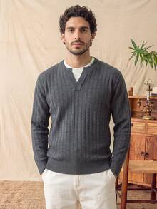 glestore Men's Vintage "Old Money Style" Colorblock Collar Knit Sweater, Versatile For Daily Commute - Dark Grey - View 1