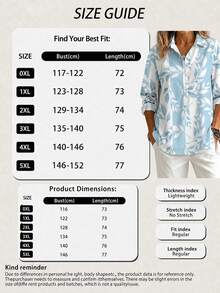 Plus Size Women Leaf Print Front Button Collar Short Sleeve Casual Top Vacation - Baby Blue - View 7