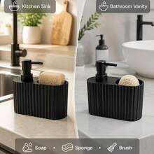 Organizer Wastafel Vertikal 3-in-1 dengan Tempat Spons dan Sikat, Dispenser Sabun Cair Bergaris, Botol Pompa Sabun Cuci Piring untuk Wastafel Kamar Mandi dan Dapur - beraneka warna - View 8