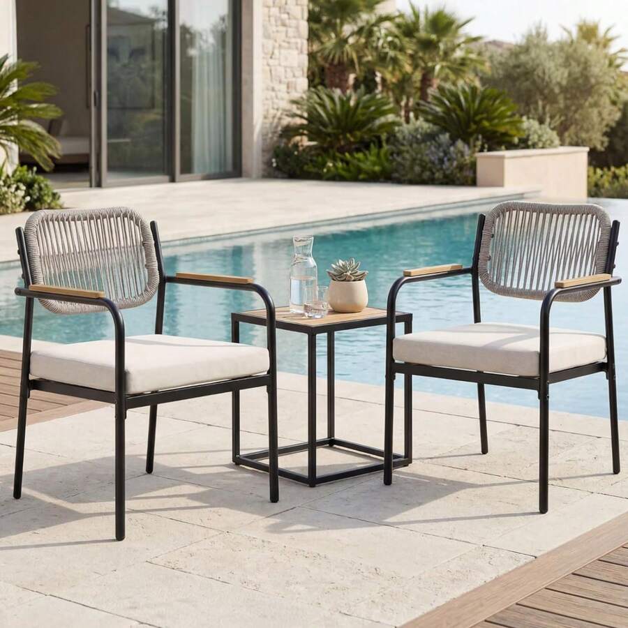 WAHSON OFFICE CHAIRS 2PCS Beige Stackable Outdoor Garden Dining Chairs With Rope Back