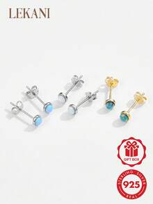 LEKANI 1件 S925 純銀圓形蛋白石耳釘，極簡迷你包鑲虹彩寶石耳環，適合女性日常通勤的多功能配件 - 銀色 - 查看 1