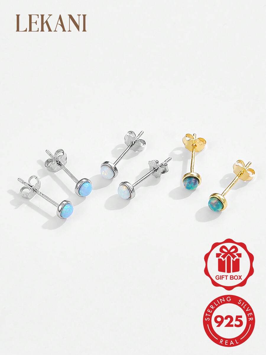 LEKANI 1件 S925 純銀圓形蛋白石耳釘,極簡迷你包鑲虹彩寶石耳環,適合女性日常通勤的多功能配件 - 銀色 - 查看 1