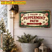 Follow The Peppermint Path Christmas Sign, Vintage Plaque, Decorative Sign & Ornament, 2D Flat, Candy Swirl Red Arrow Path Directional Sign, Ivory White & Green Holiday Wall Decor, Fun Winter Dessert Route Porch Decoration (Random Style) - A - View 3